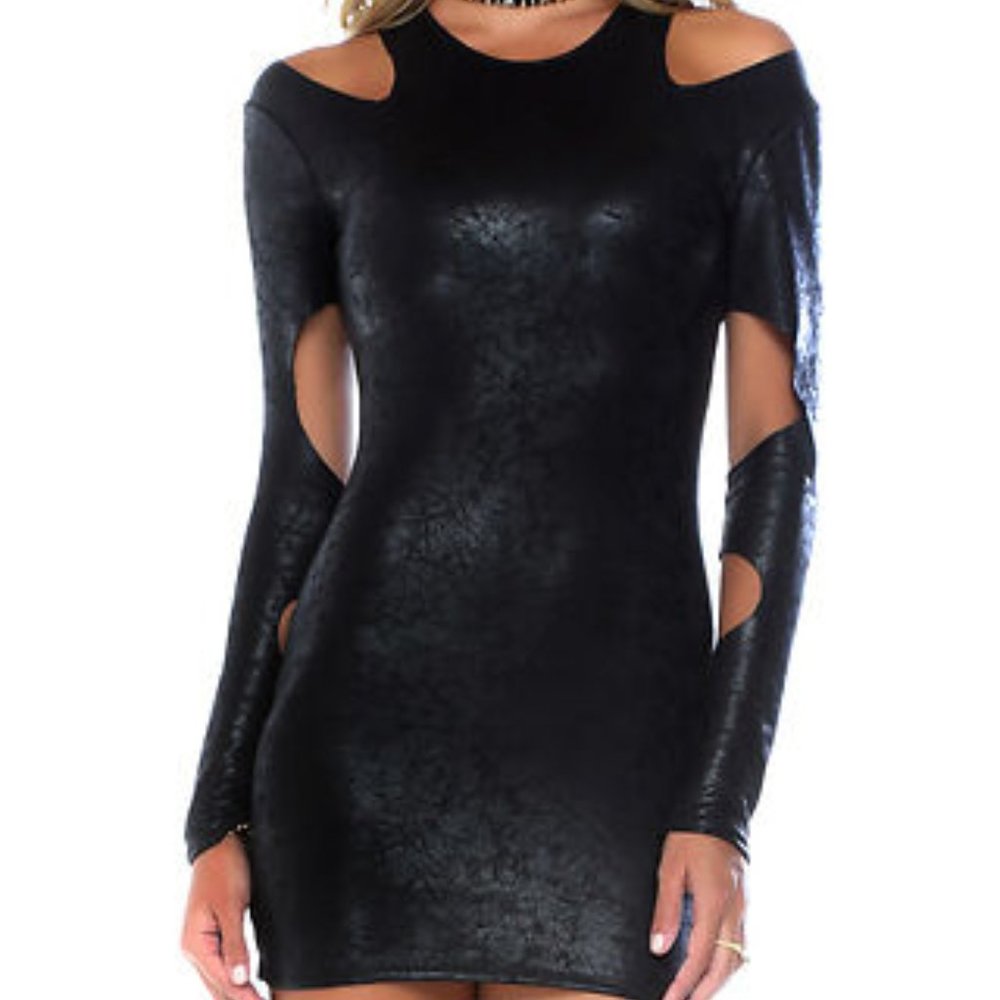 Forplay Midnight Hour Long Sleeve Cold Shoulder Metallic Mini Dress